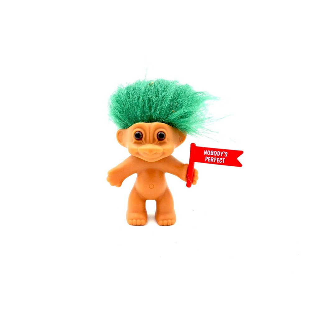 Vintage Troll Doll Green Hair "Nobodys Perfect" Flag RARE Collectible Toy Gift